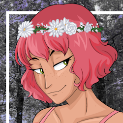 a girl with reddish pink hair and green eyes smirking, looking behind her. she has freckles and bears a flower crown with pretty white flowers. she's wearing a pink tank top and has various light scratches on her shoulders and arms.
